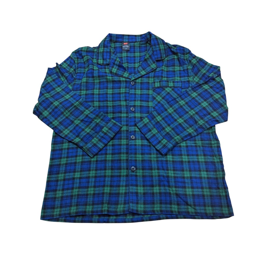 Hanes Mens Flannel Pajama Top‎ Blackwatch Plaid Blue Green Cotton Size L Large